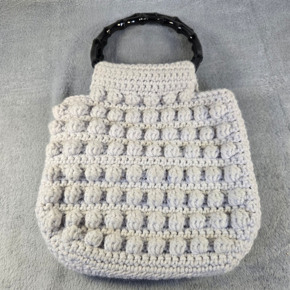 Handmade‎ Crochet Bobble Stitch Handbag  Grey Faux Bamboo Handle Floral